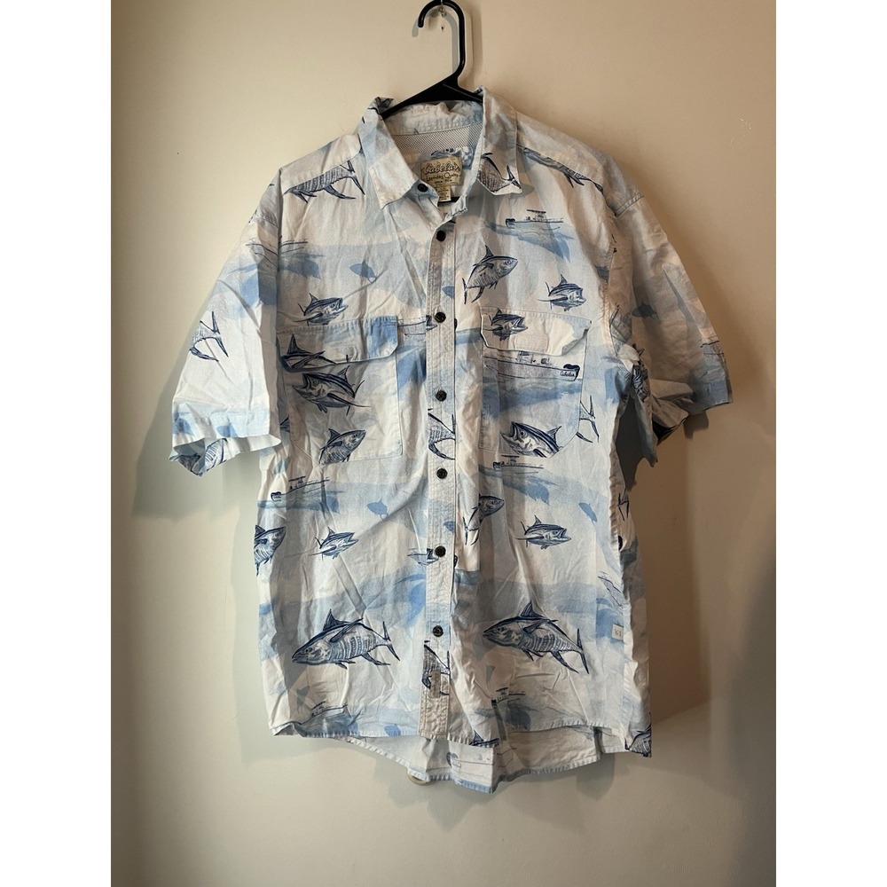 Vintage Cabelas Vented Fishing Shirt Short Sleeve Tuna‎ Fish All over Print